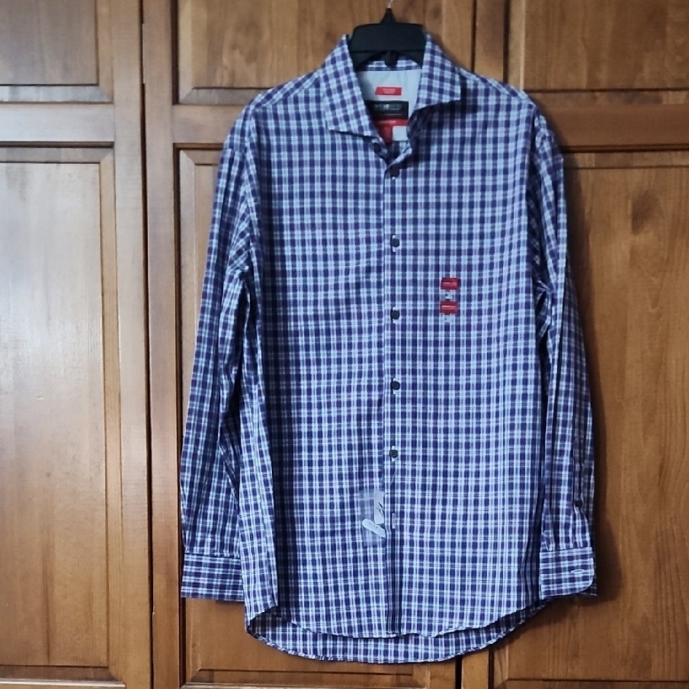 Awareness Kenneth Cole Men's Purple White Checkered Shirt Size Large Neck 16